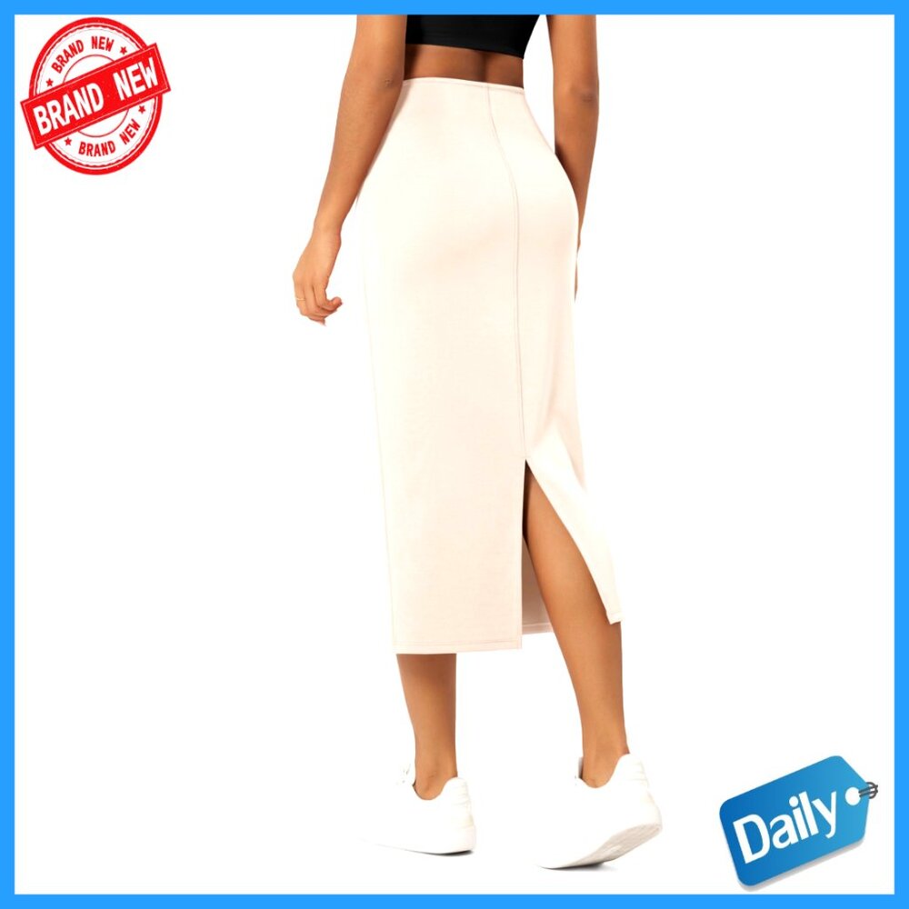 Modal Midi Pencil Skirt High Waist Back Slit Pockets Work Casual